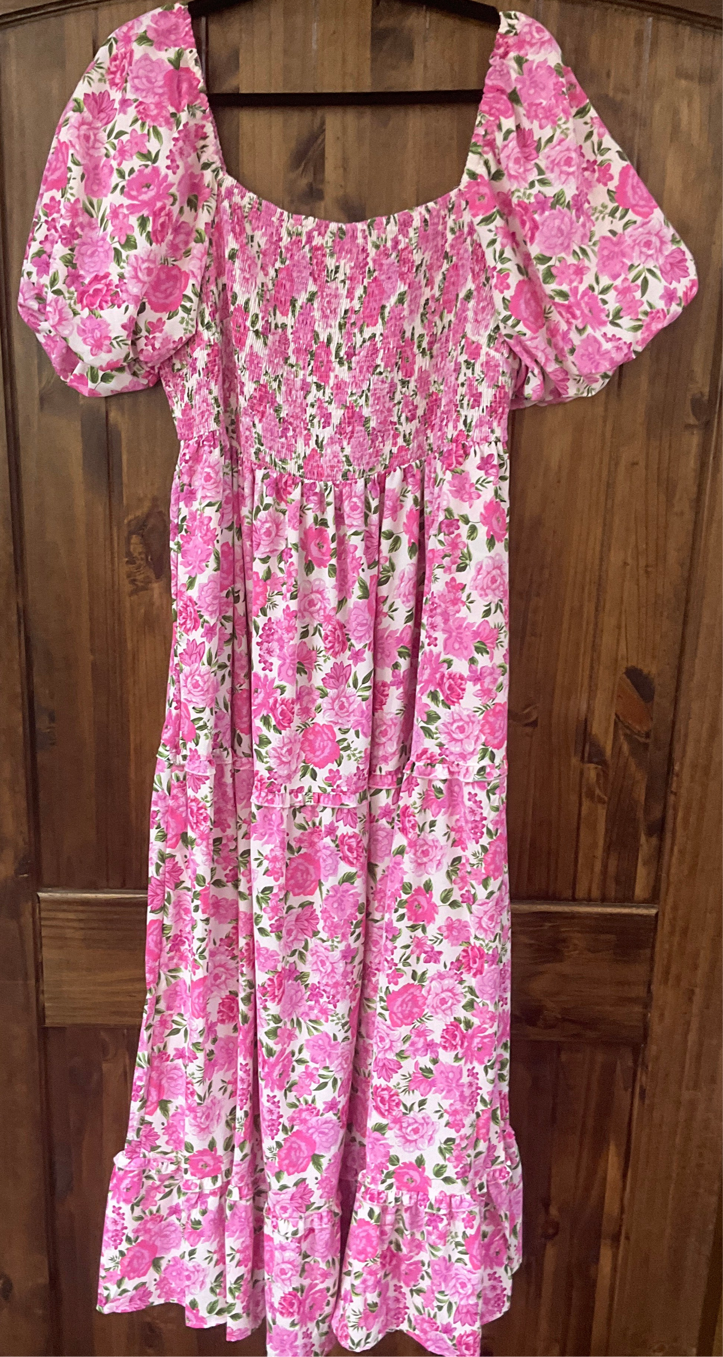 Plus Size Floral Smocked Puff Sleeve Long Curvy Dress