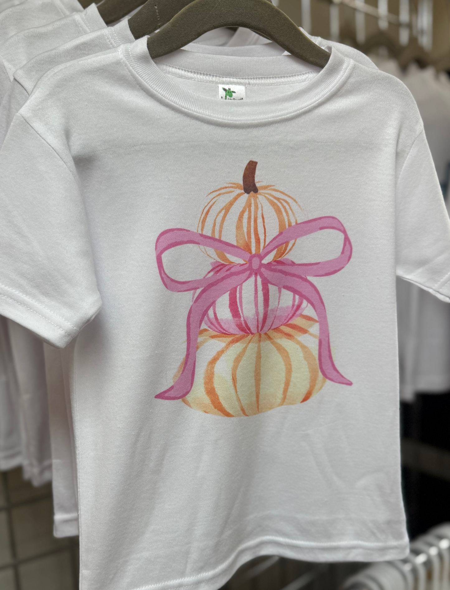 Preppy Watercolor Pumpkin Stack Pink Bow Fall Toddler Tee