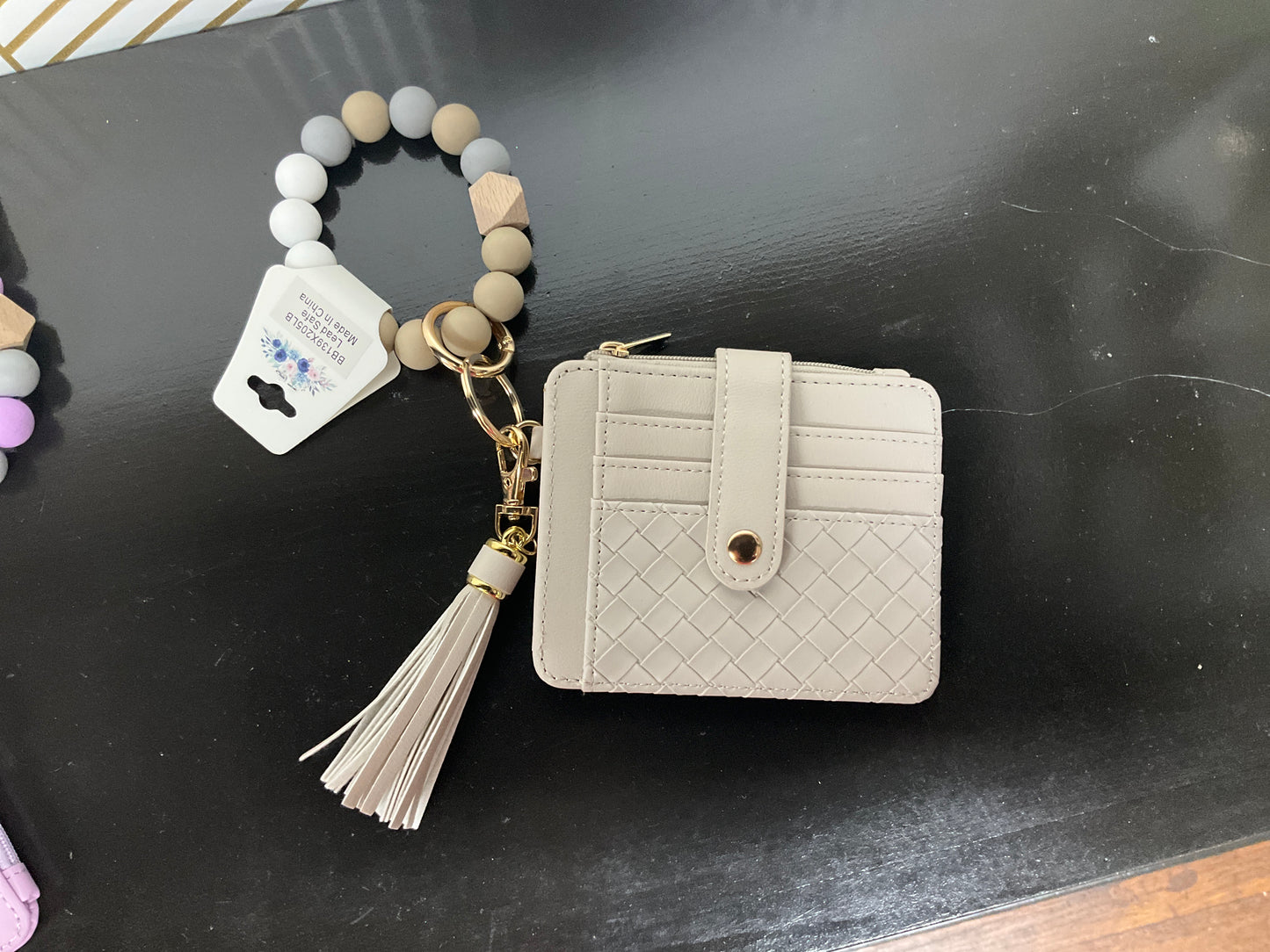 Nina quilted beaded keychain bracelet wallet