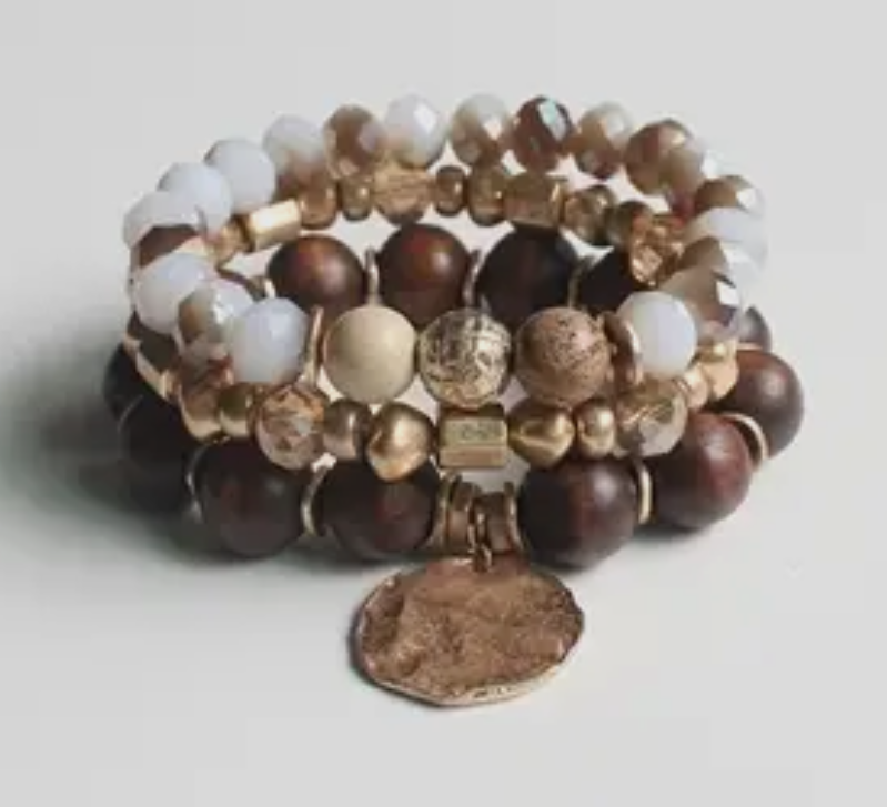 Set of 3; brown, gold, & natural stone stretch bracelet