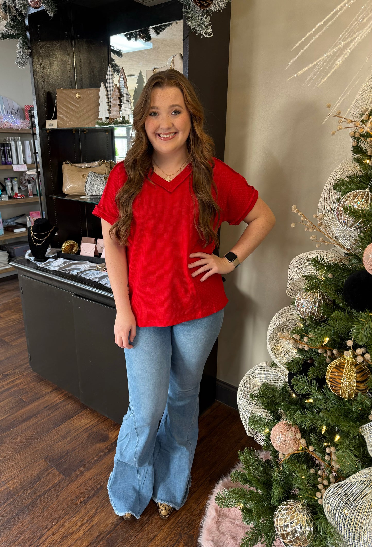 Women’s Red V-Neck Waffle Knit Top
