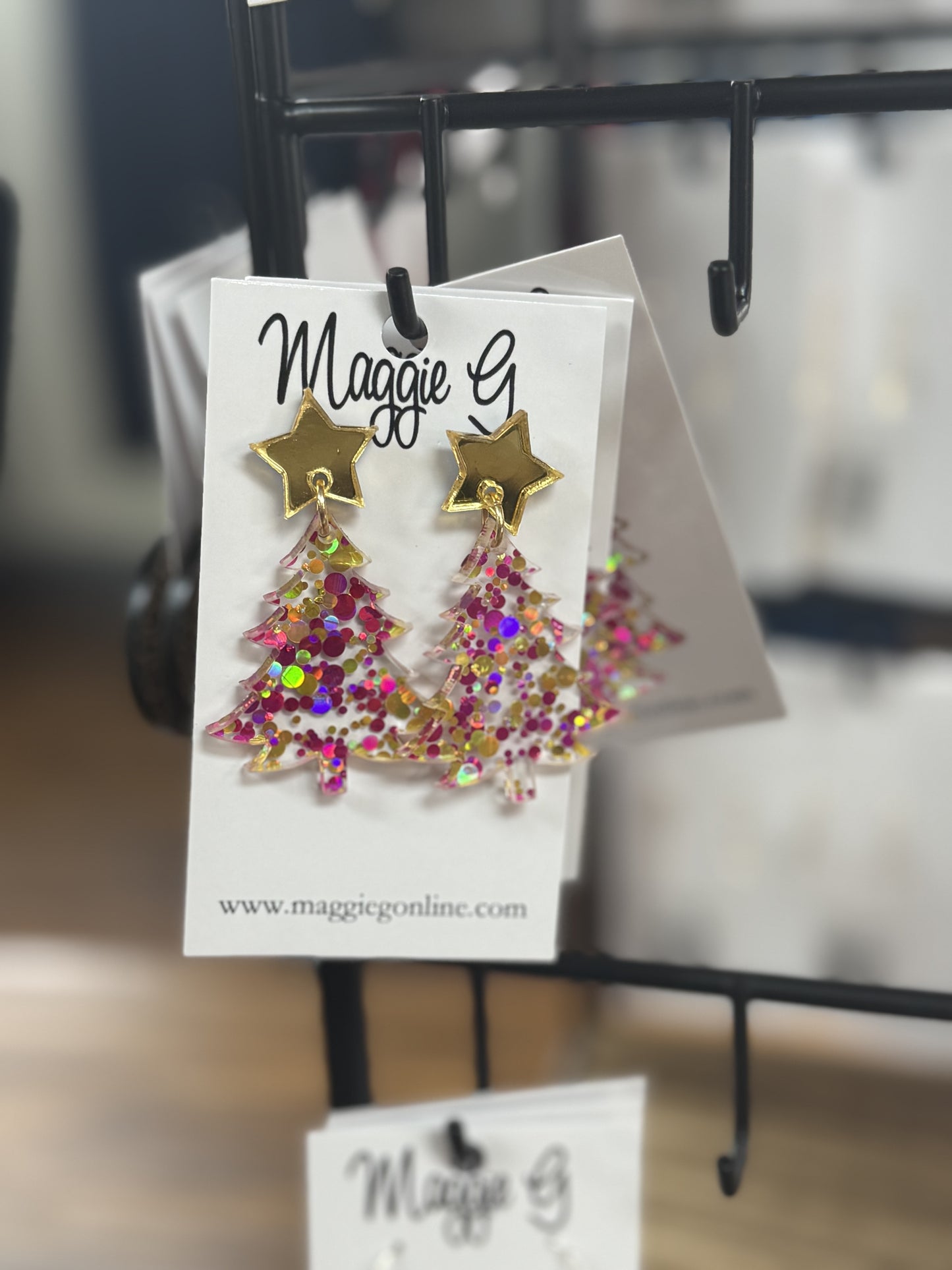 Christmas Tree Pink & Gold Glitter Earrings