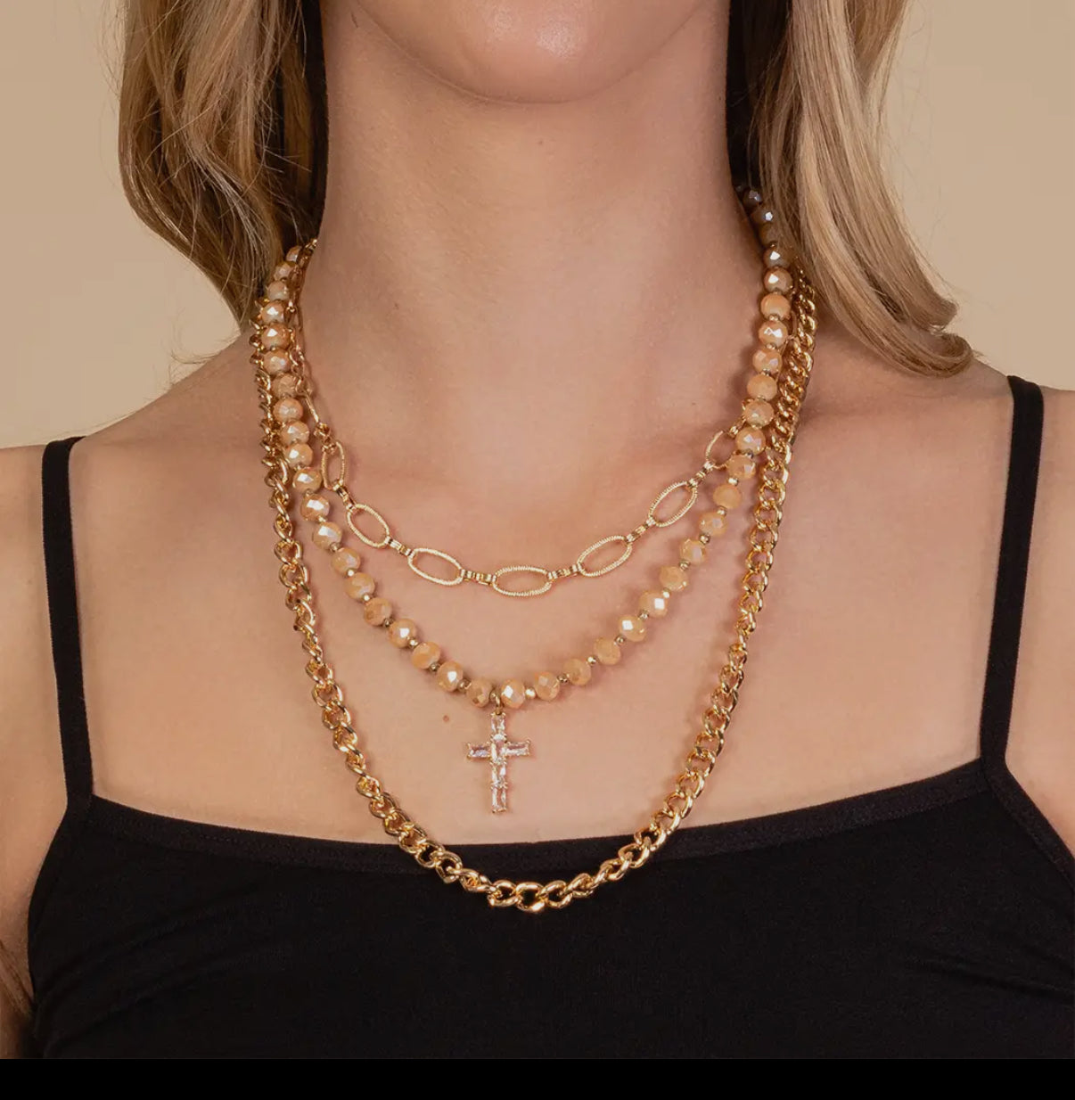 Layered Crystal Cross Necklace