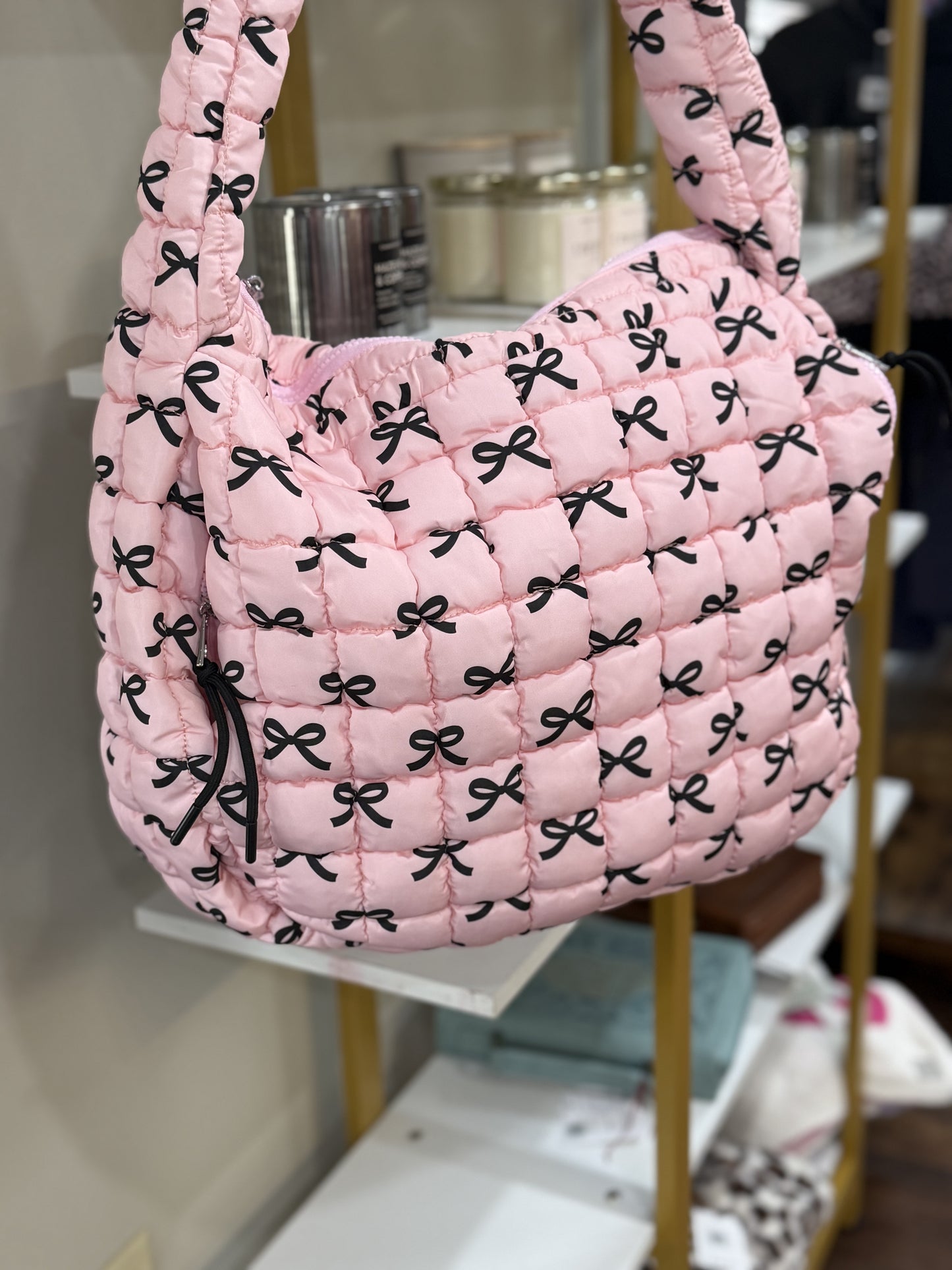 Black & Pink Mini Bows Oversized Puffer Tote Bag