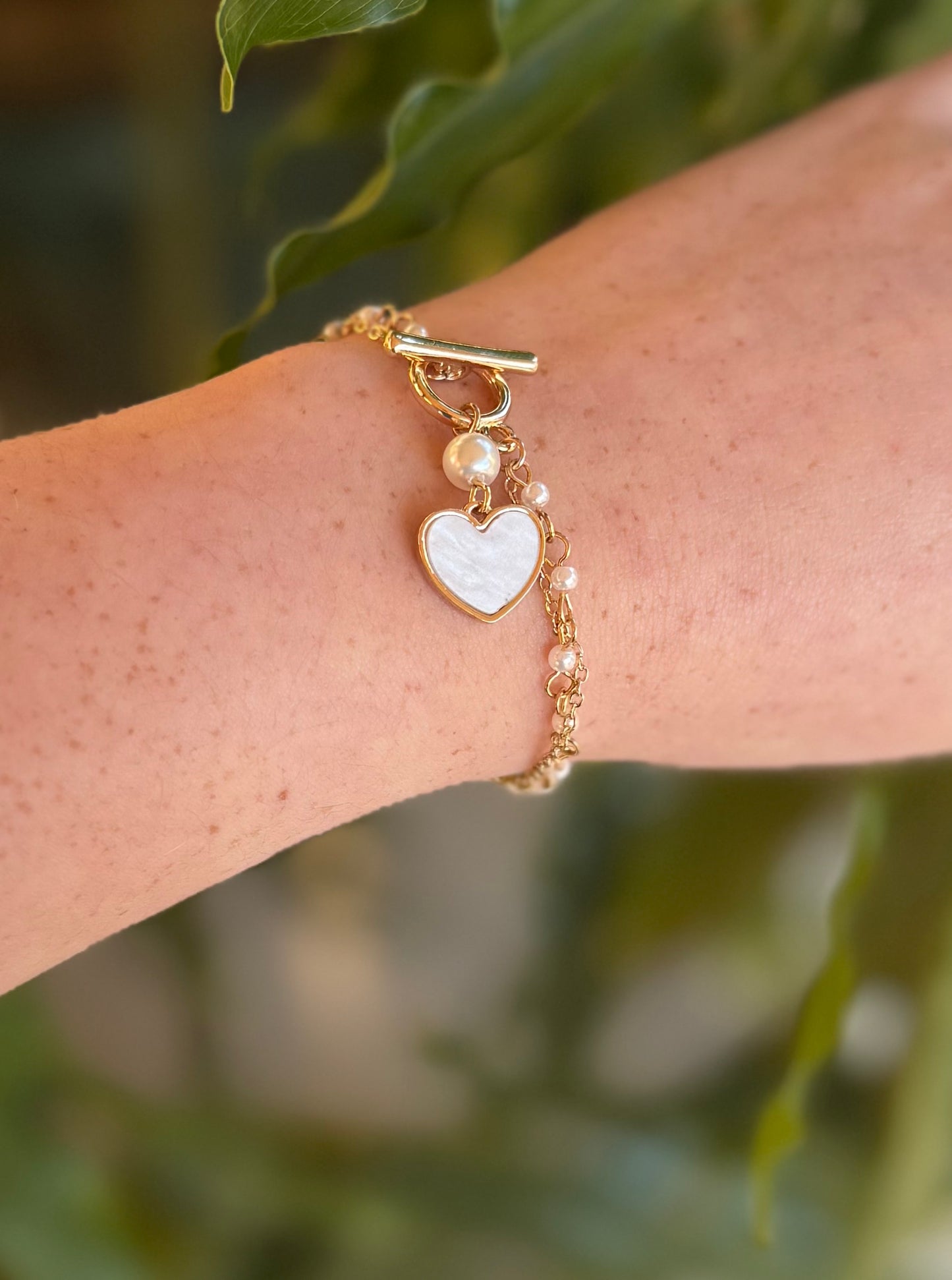 Layered Pearl Chain Heart Bracelet