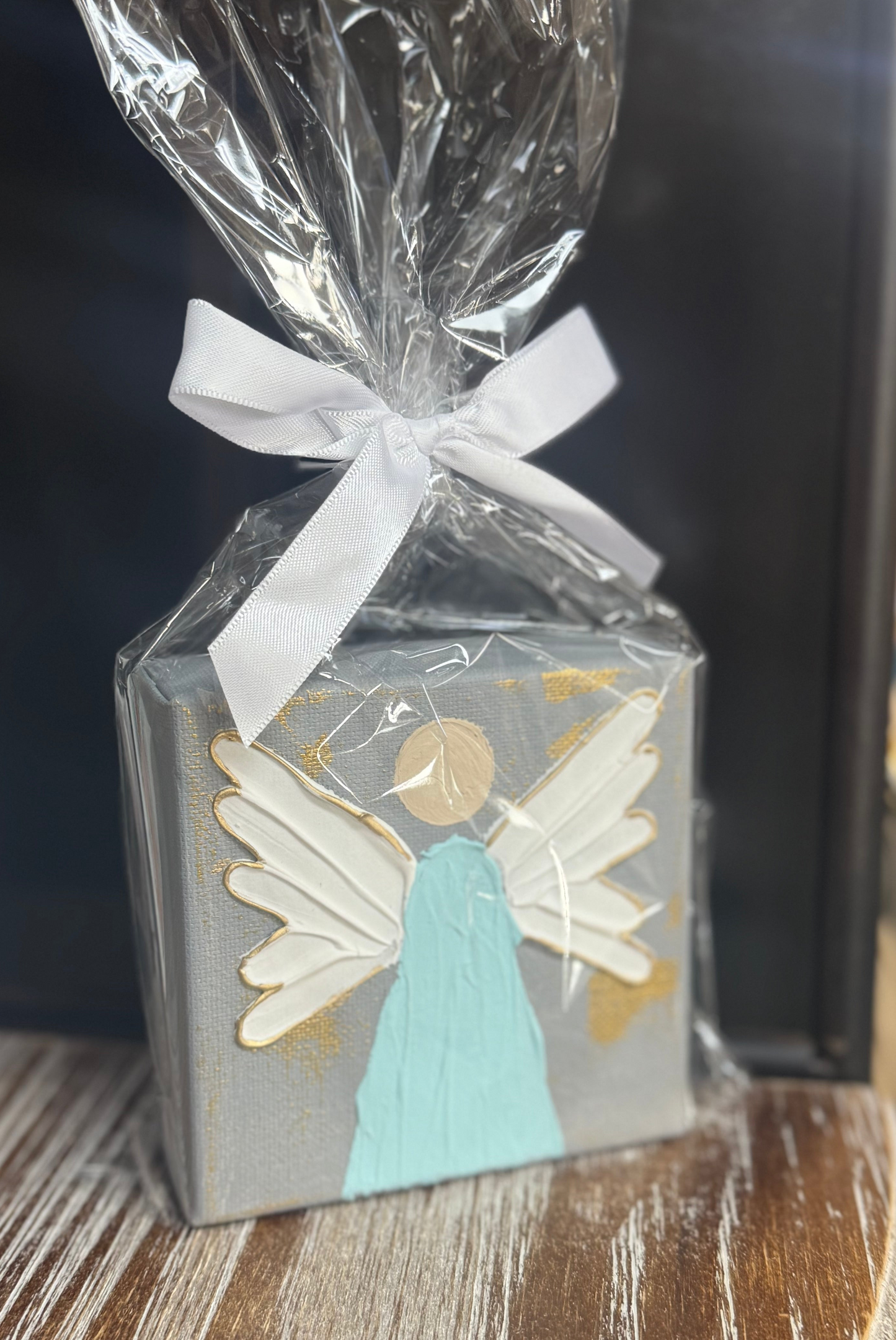 Hand-Painted Textured Art; Angel-Gray w/ Teal Dress