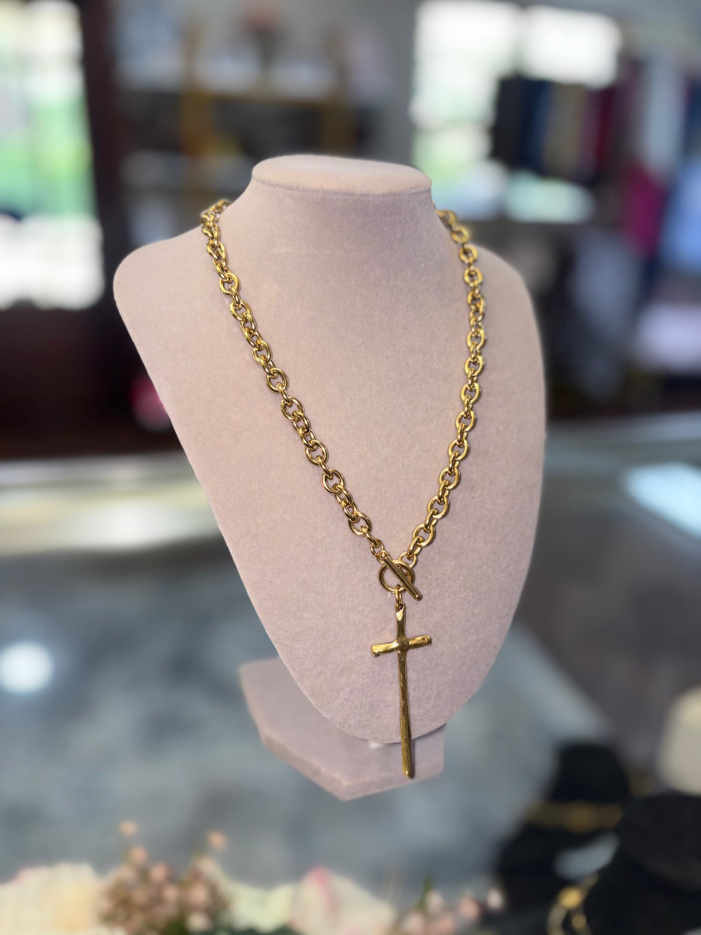 Elongated Cross Toggle Necklace 18K Non-Tarnish 24K Gold Plated Pewter Pendant