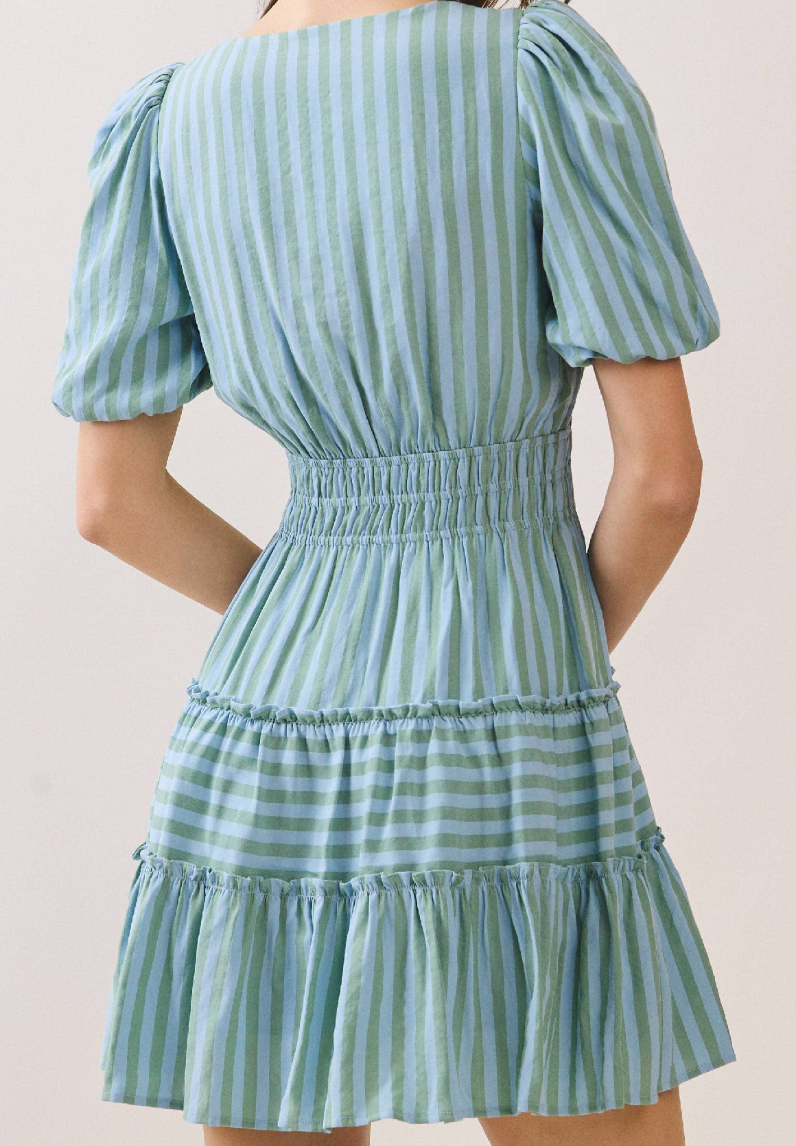 Striped Flattering V Slit Neck Bubble Sleeve Dress