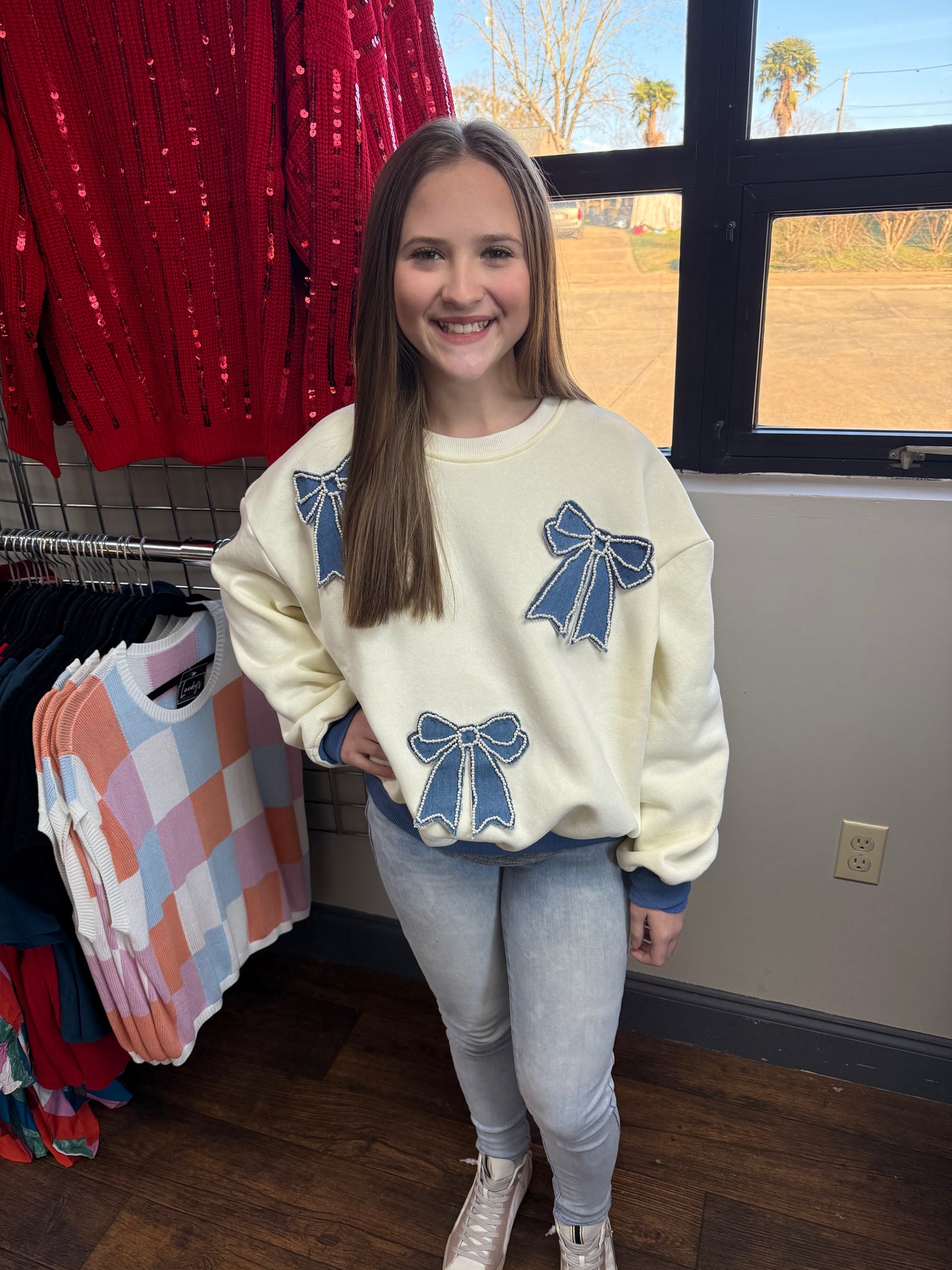 Women’s Denim & Pearl Bow Sweatshirt