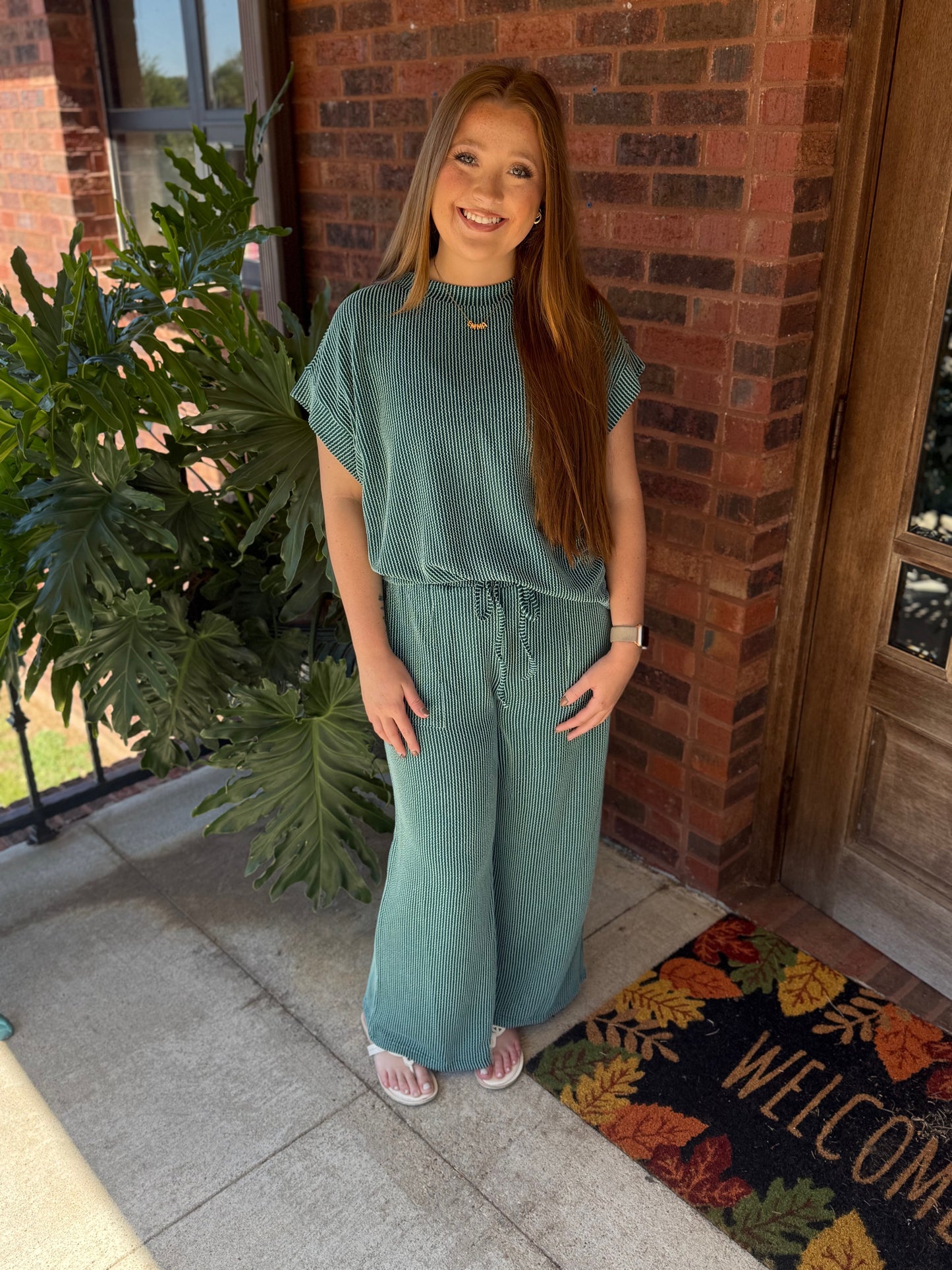 Emerald Striped Rib Knit Lounge Set