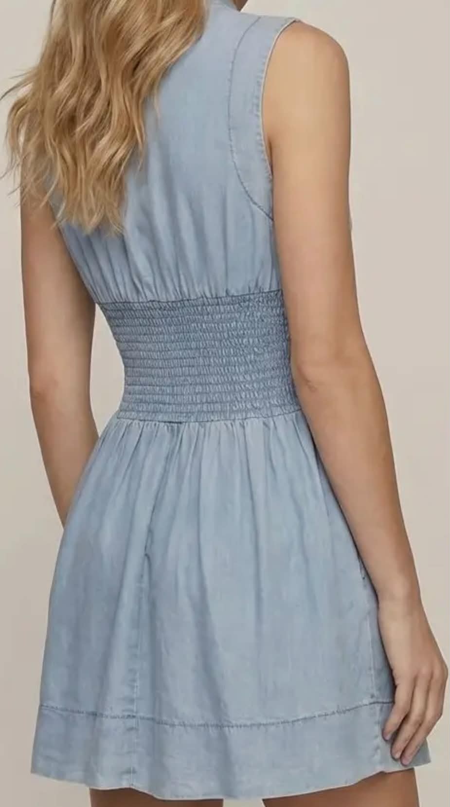 Chambray V-Neck Smocked Waist Zip Front Mini Dress