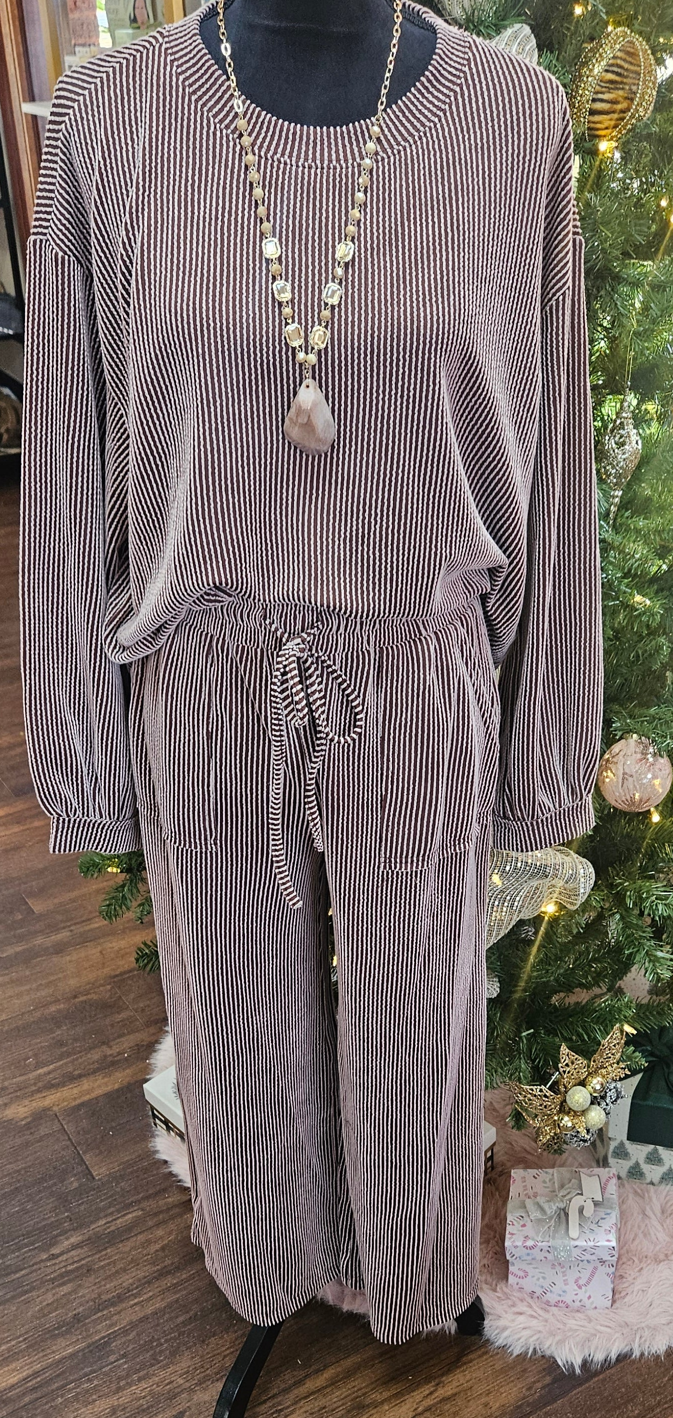 Brown Ribbed Knit Top & Wide Leg Pants Set