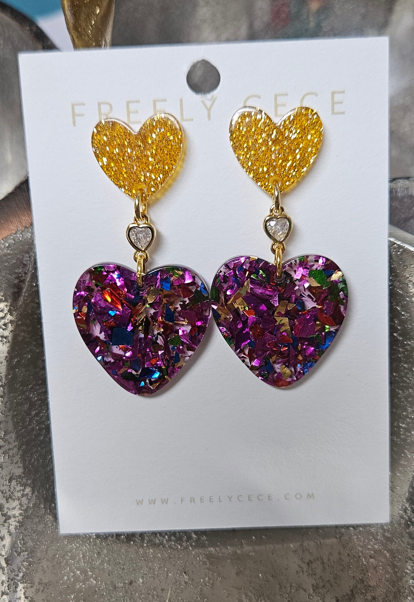 Dark Pink Confetti Triple Heart Earrings