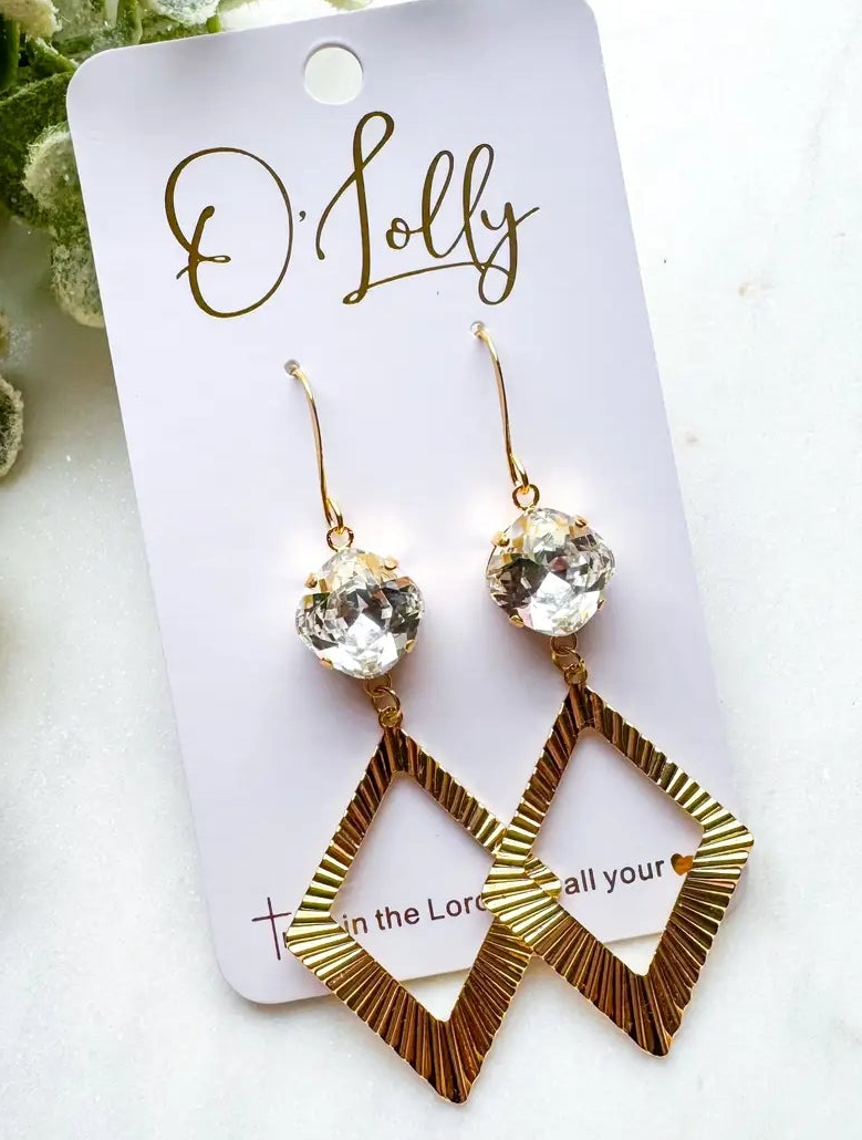 "Marie" Gold Textured Rhombus w\ Clear Stone Earrings