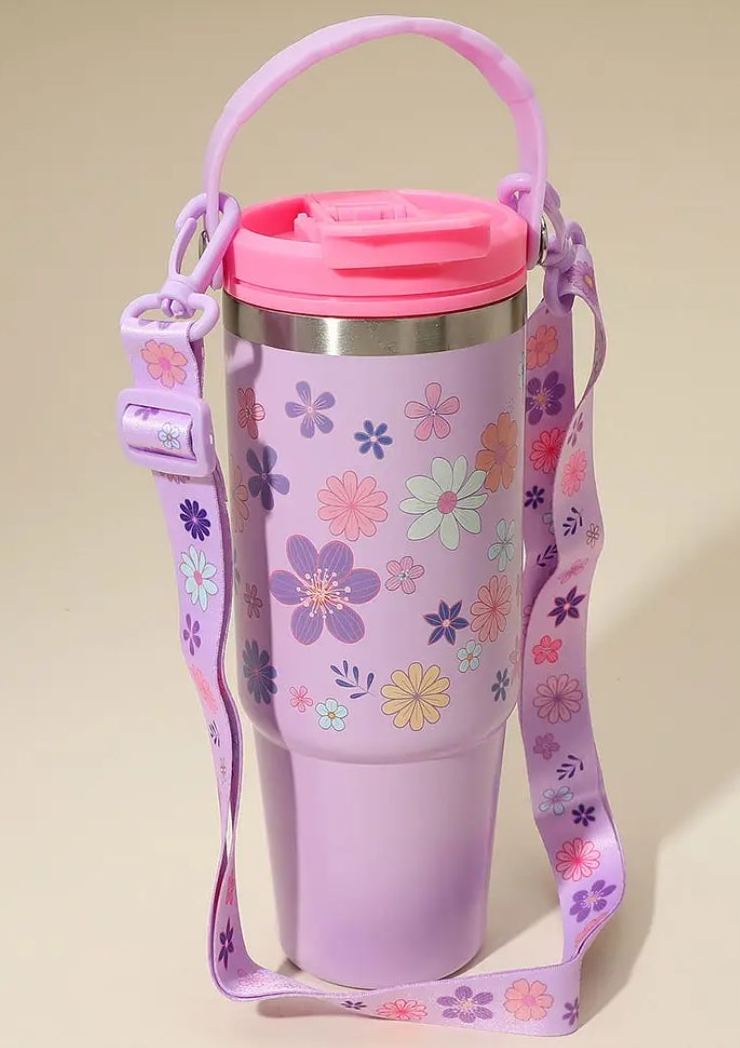 Stainless Steel Floral Pattern Tumbler with Shoulder Strap