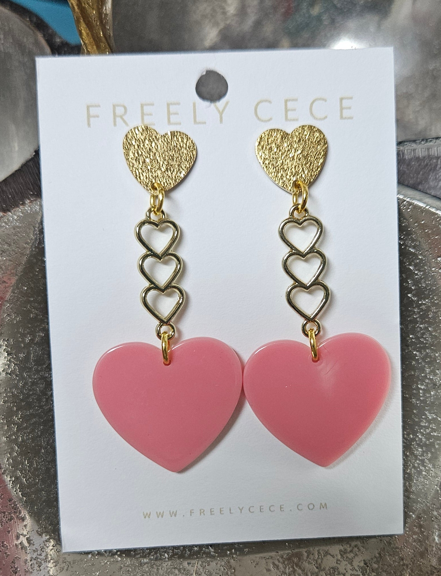 Gold Heart Chain W\ Pink Heart Earrings