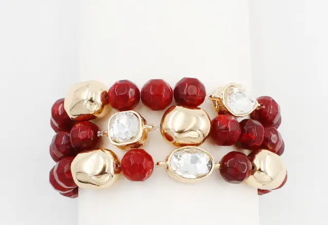 Maroon, cream, & crystal set of 3; natural beaded stretch bracelets