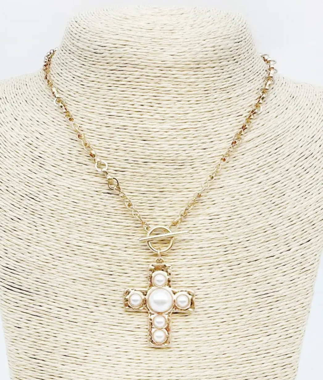 Gold Open Chain w/ Toggle & Pearl Studded Cross