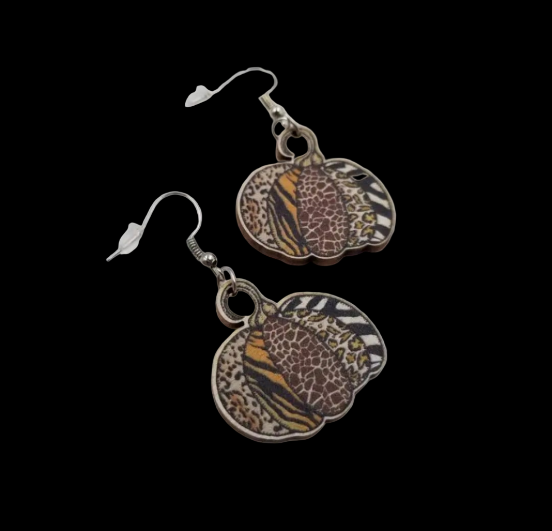 Wood Leopard Pumpkin Fall Earrings