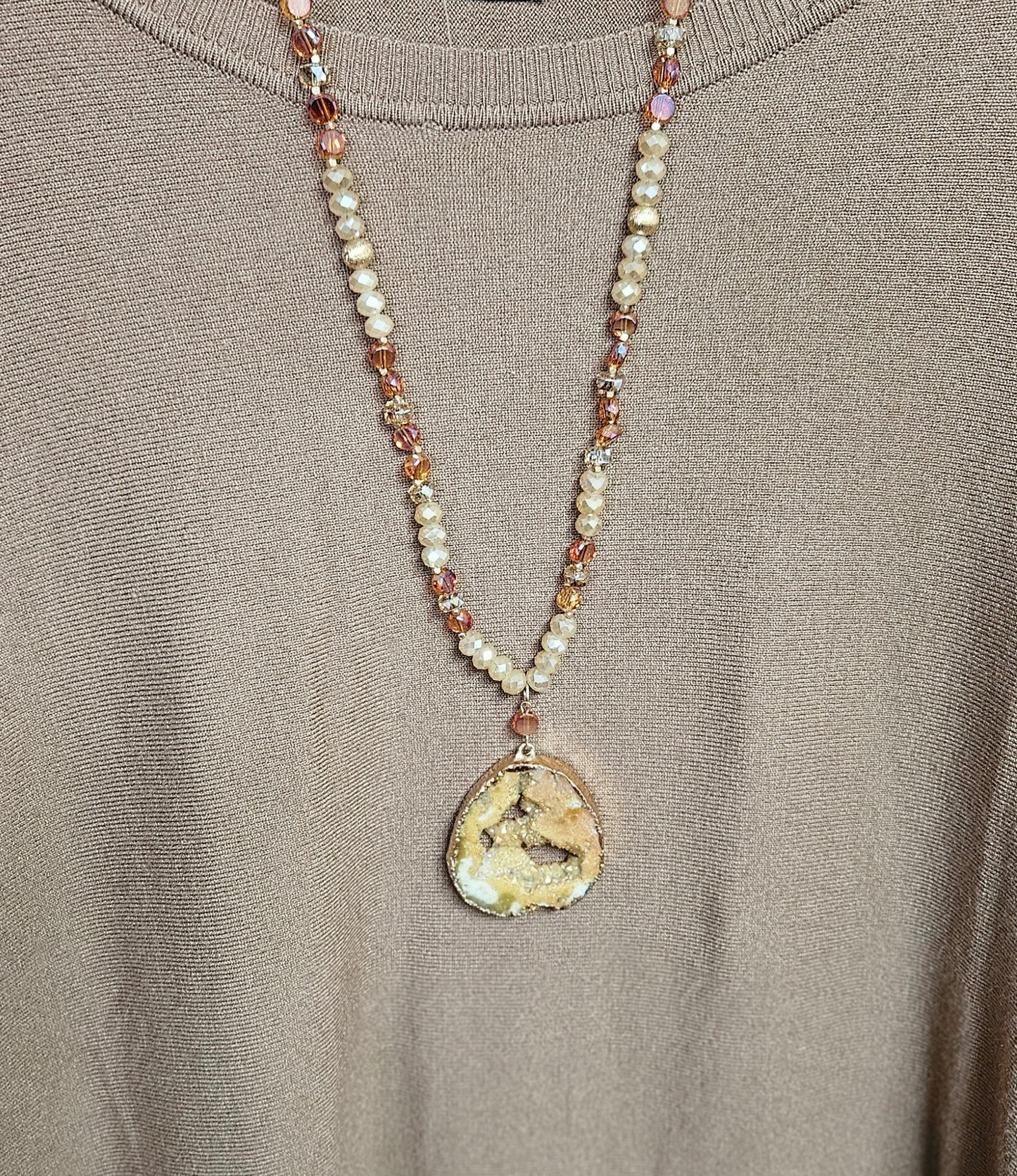Glittering Geode Beaded Necklace w/ Stone Pendant