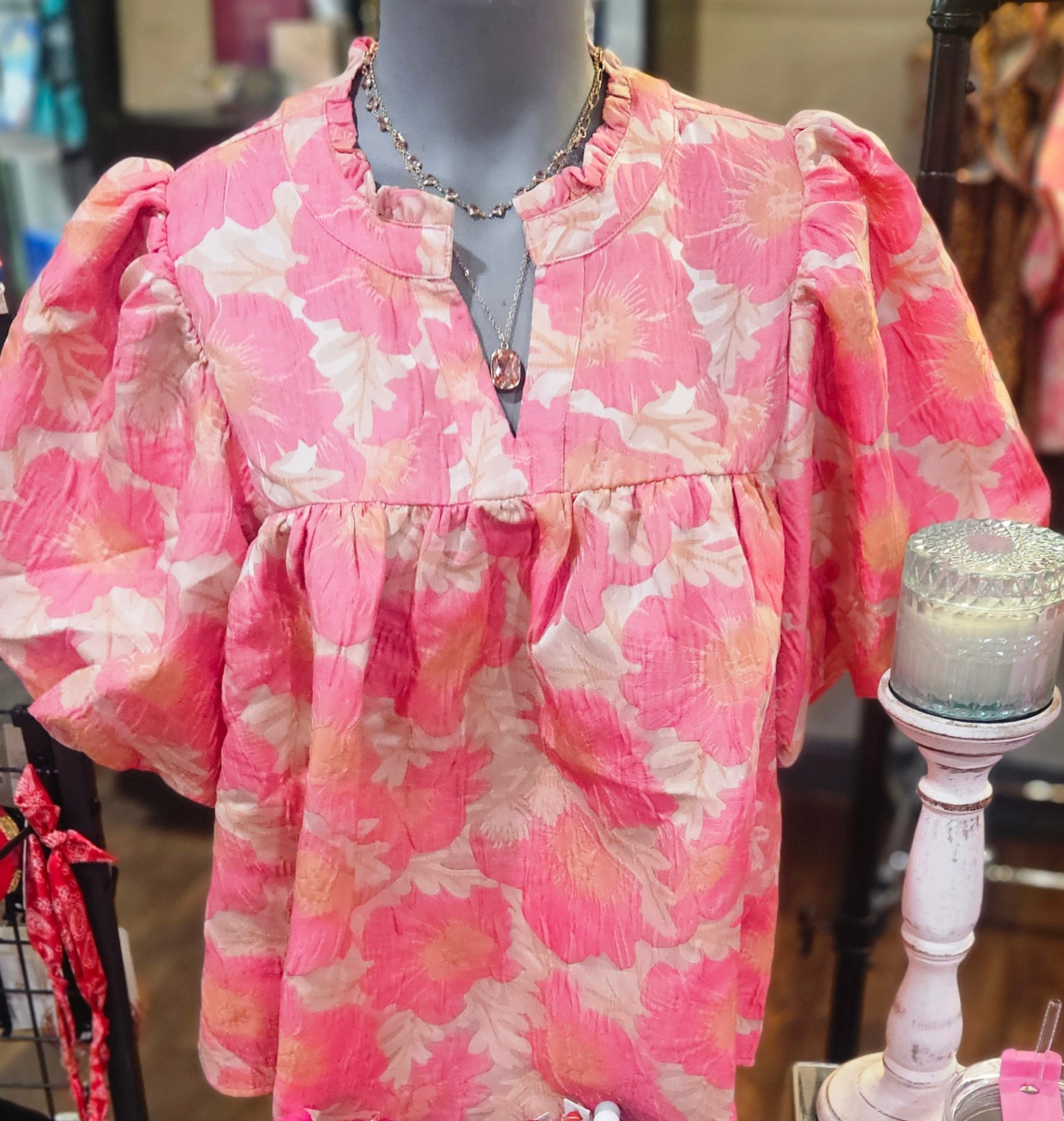 Floral Satin Weave Jacquard Babydoll Top Pink