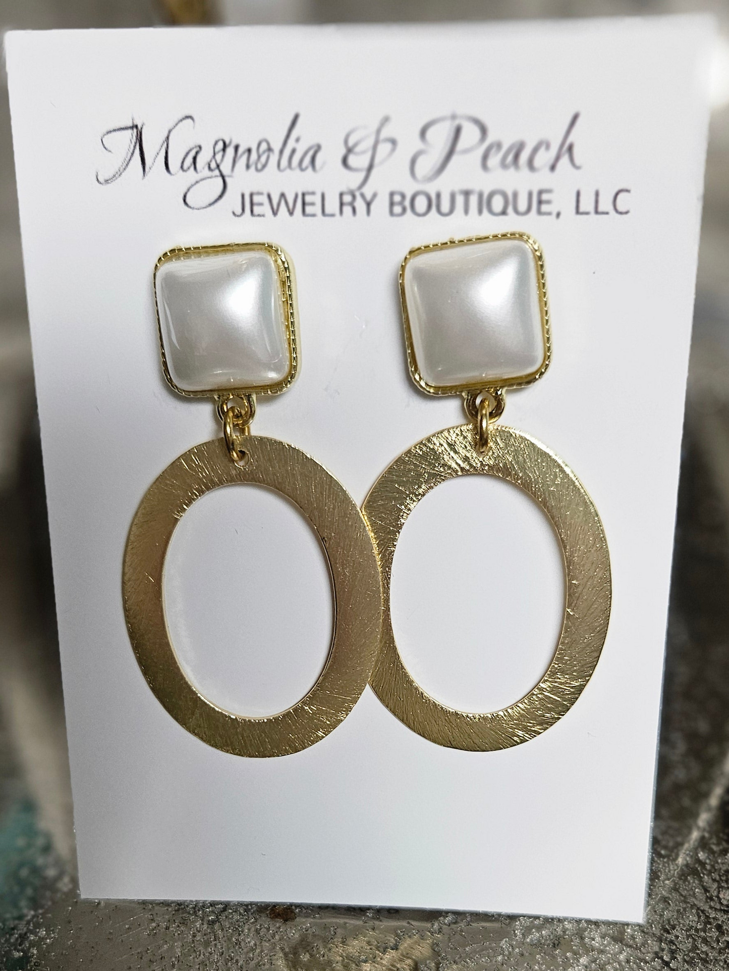 Square Pearl Stud & Brushed Gold Oval Pendant Earrings