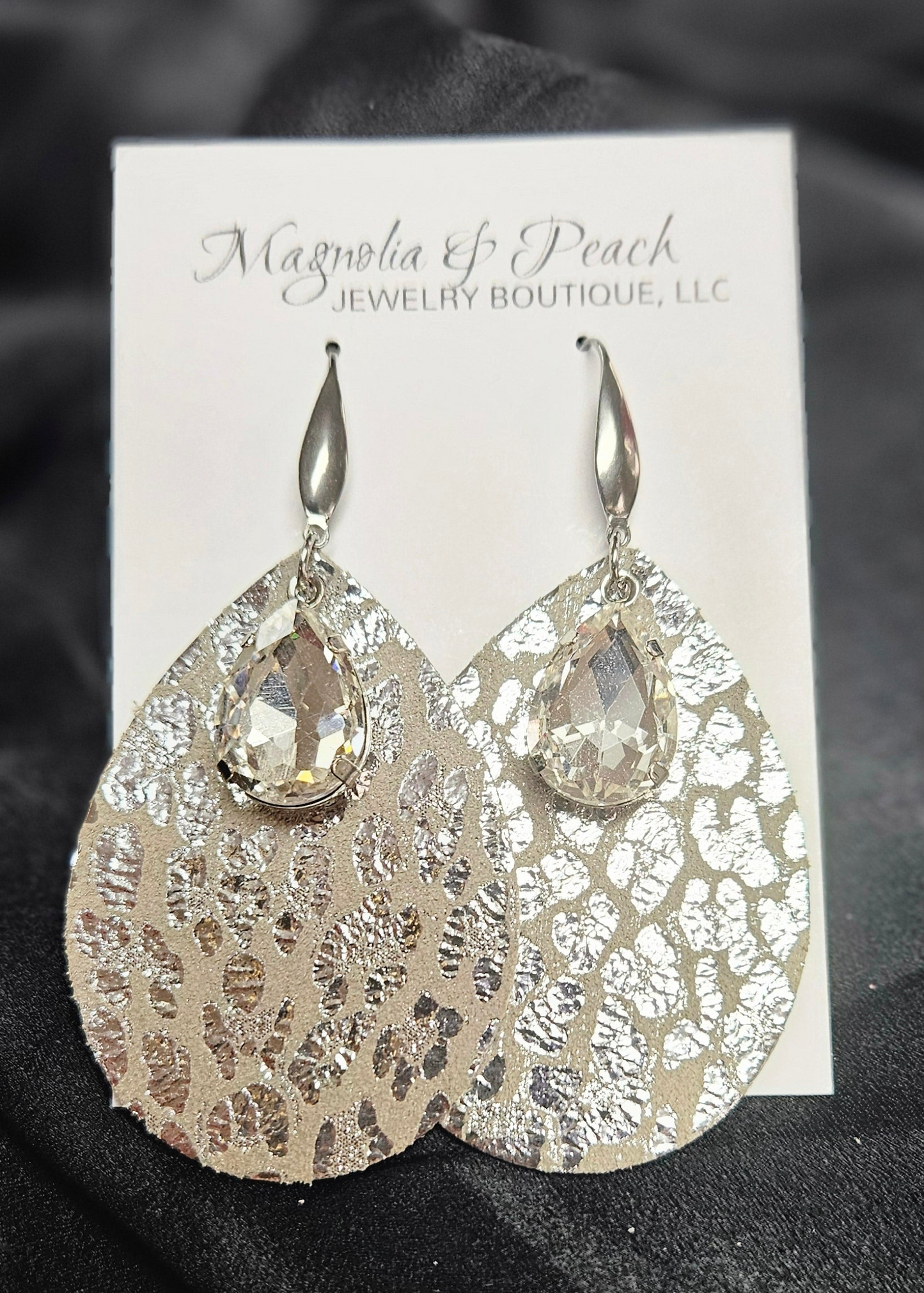 Metallic Leopard Leather & Rhinestone Earrings