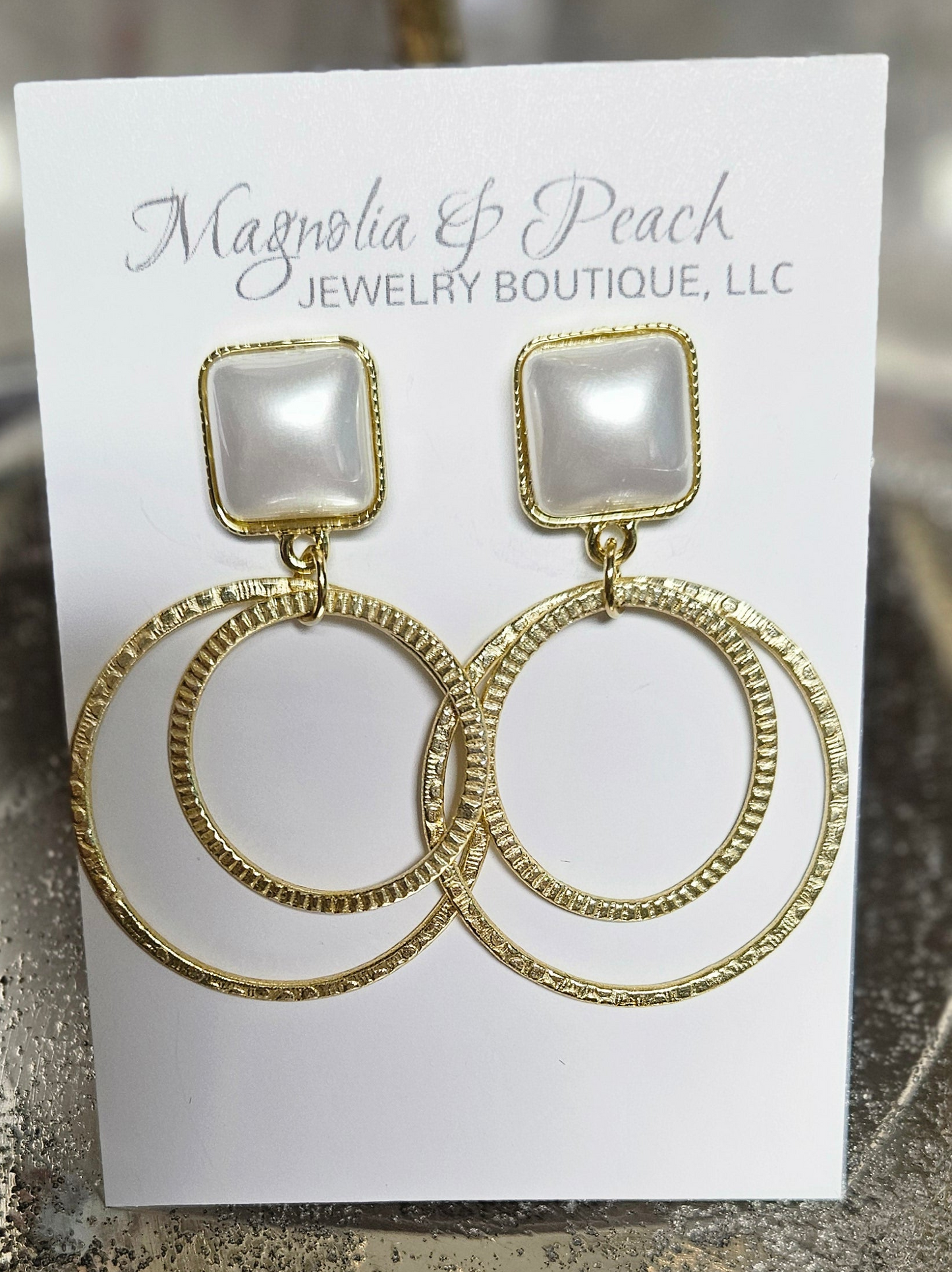 Square Pearl & Gold Pendant Stud Earrings