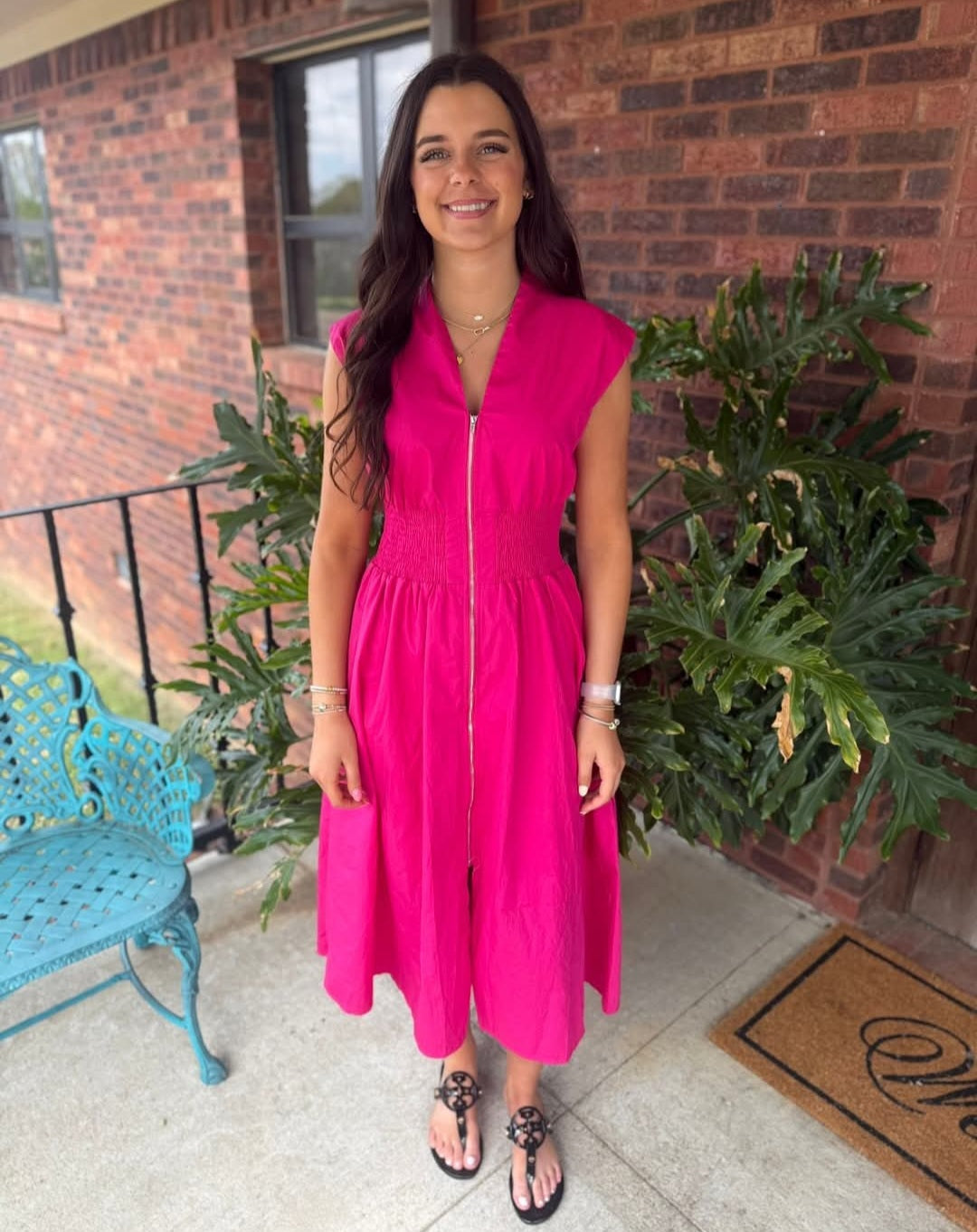 Plus Size Hot Pink Front Zip Midi Dress