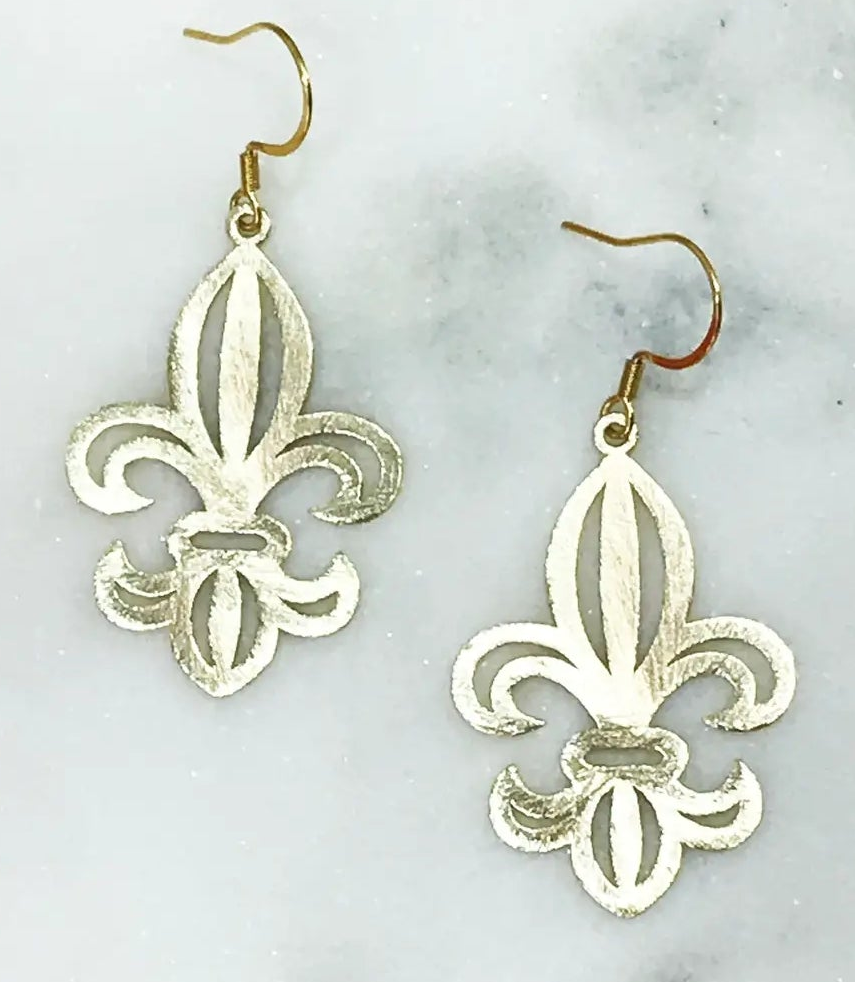 Brushed Gold Fleur De Lis Pendant Earrings
