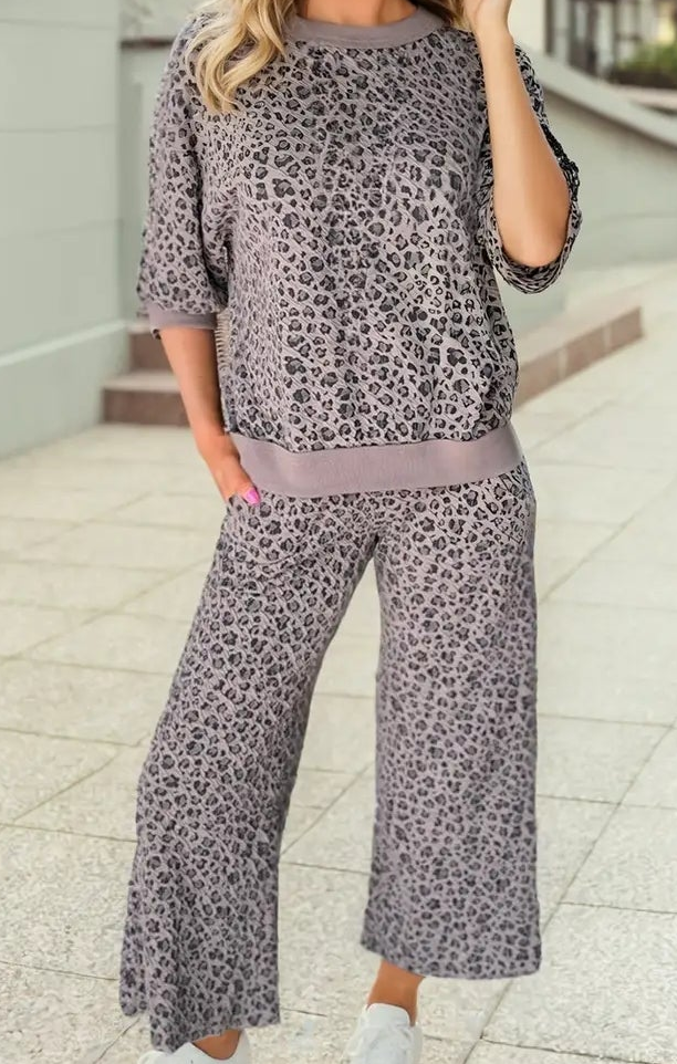 Leopard Patchwork Long Sleeve Pullover Wide Leg Pant Set
