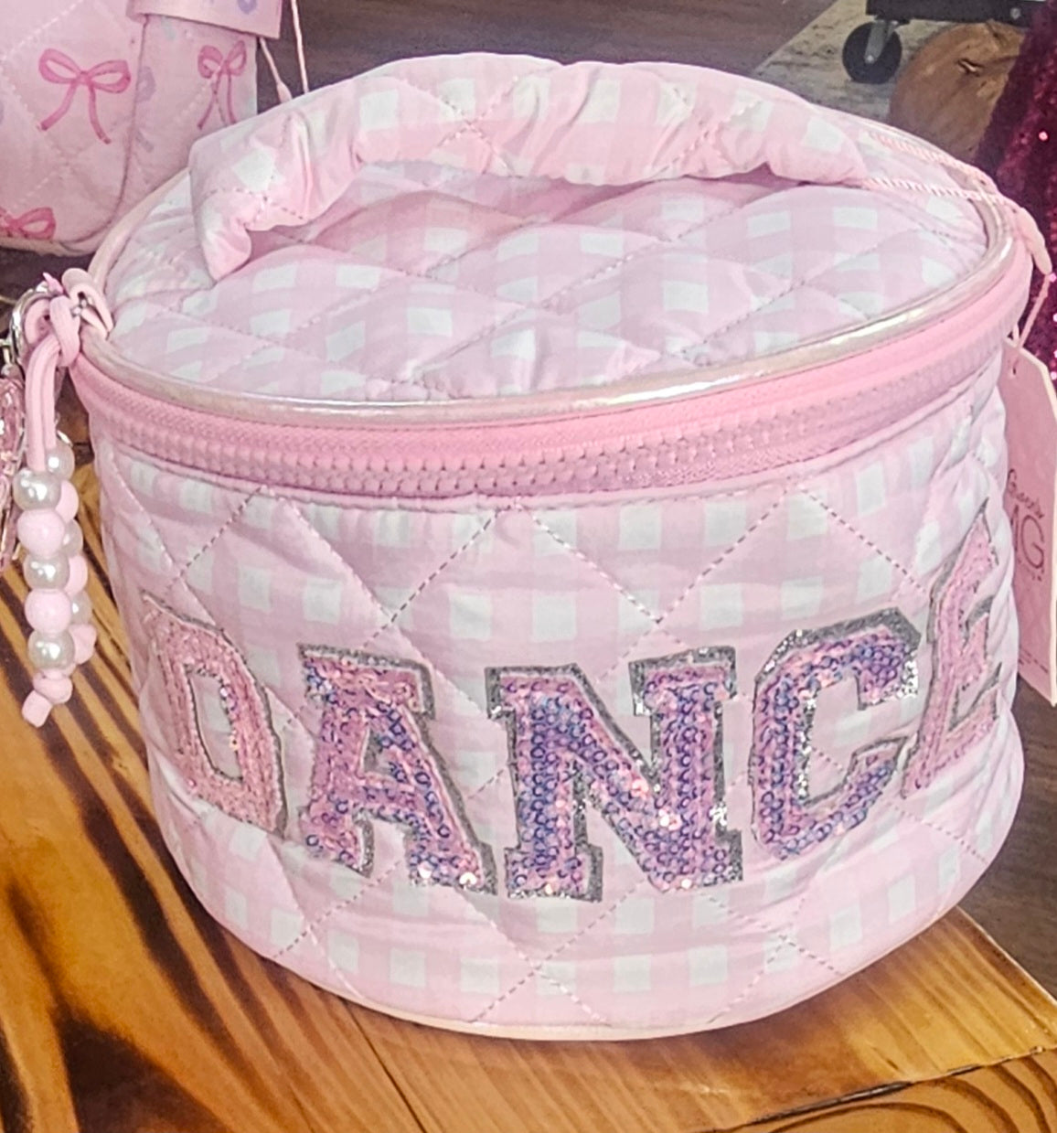 'Dance' Quilted Gingham Round Glam Bag w/ Charm