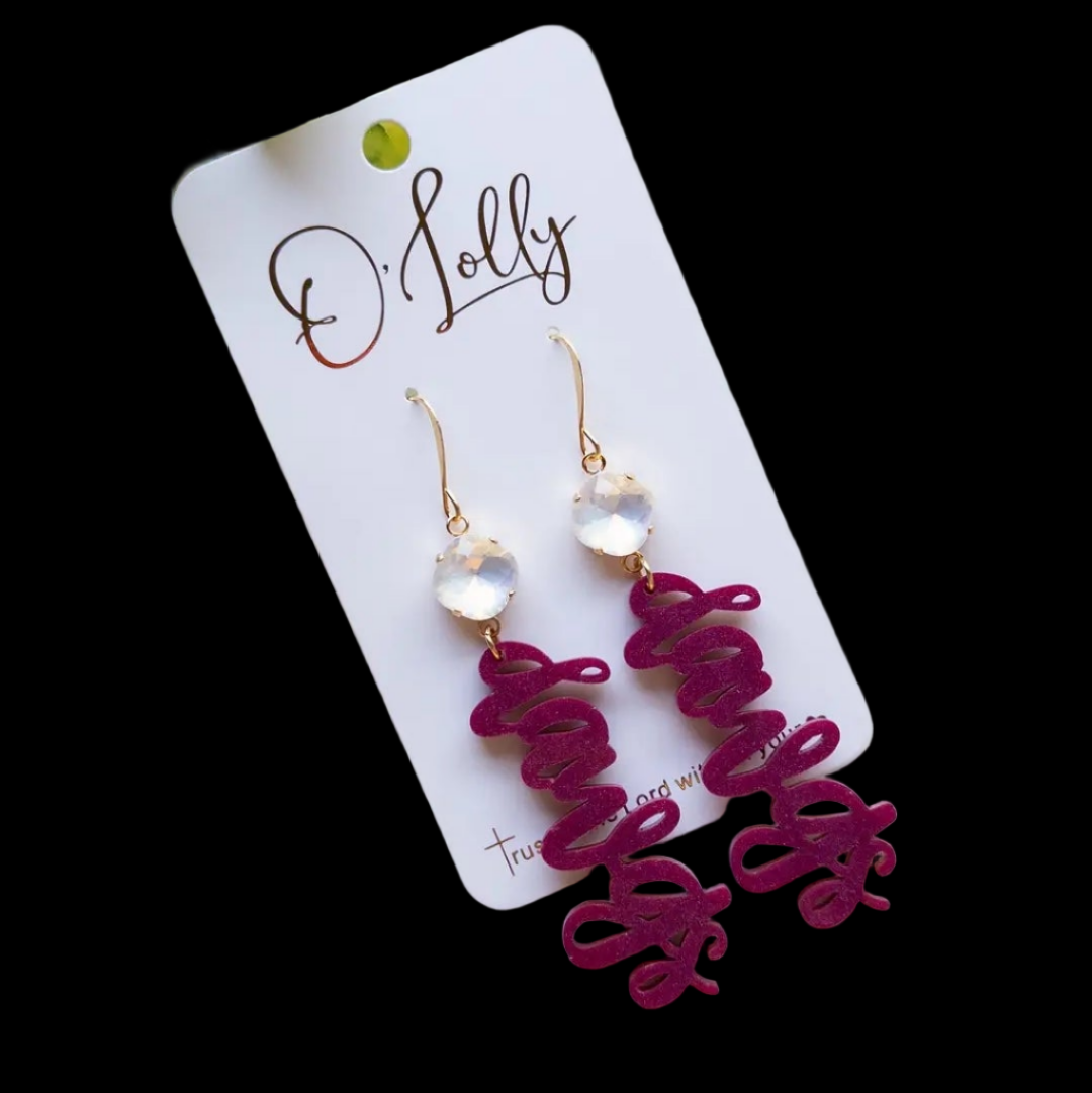 Maroon Acryclic Glitter "dawgs" Earrings w/ White Stone