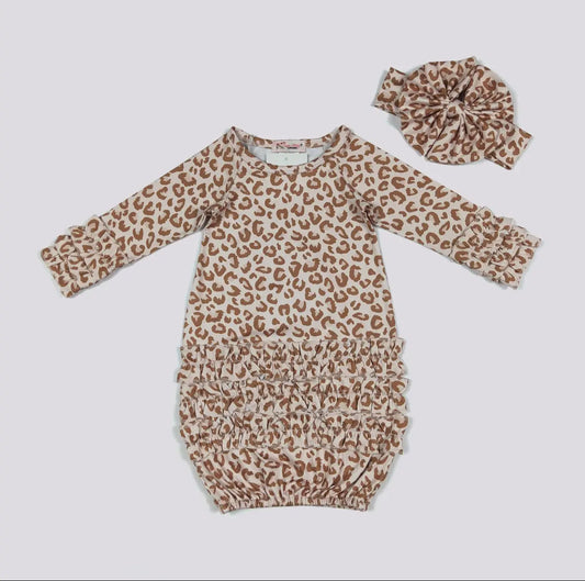 Newborn Girl Leopard Ruffle Gown