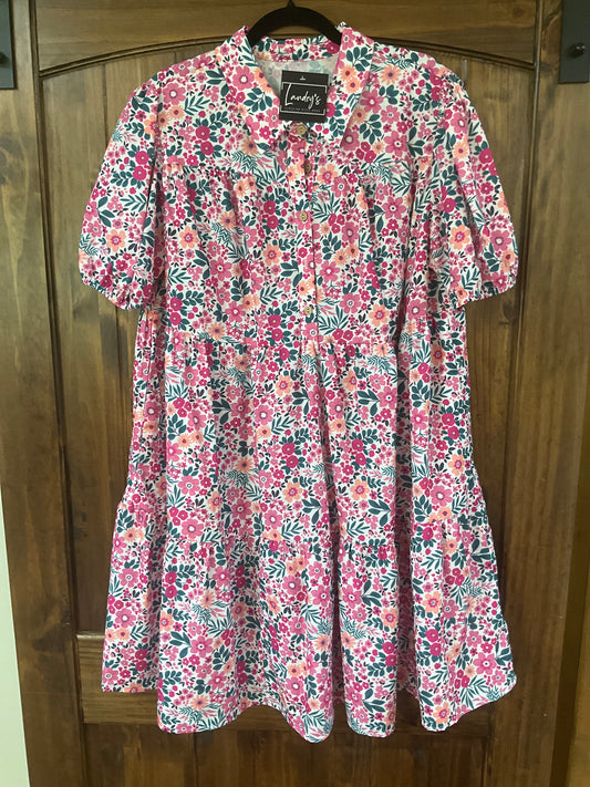 Plus Size Floral Half Button Shirt Puff Sleeve Dress