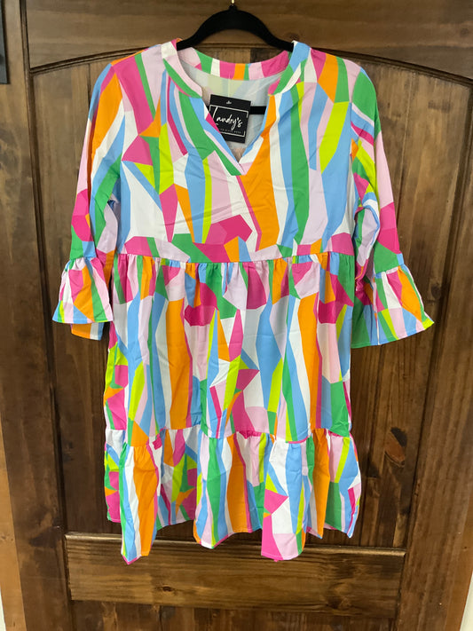 Abstract Ruffle Sleeve V-Neck Dress