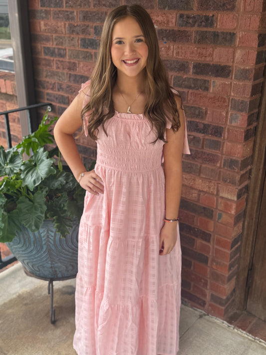 Light pink sleeveless tie strap textured midi tiered dress
