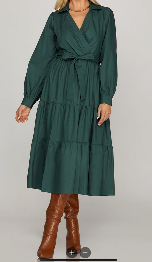 Long Sleeve Surplice Tiered Midi Dress
