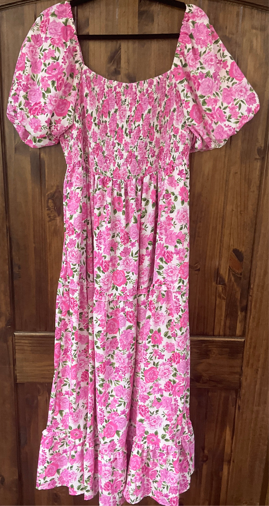 Plus Size Floral Smocked Puff Sleeve Long Curvy Dress