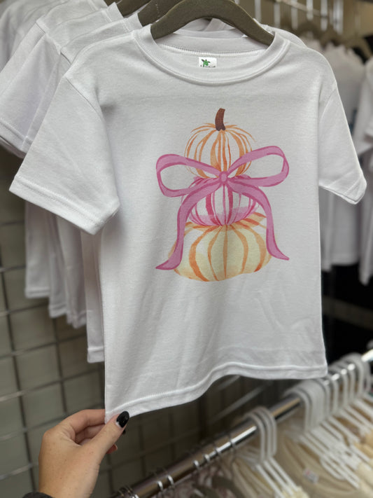 Preppy Watercolor Pumpkin Stack Pink Bow Fall Toddler Tee