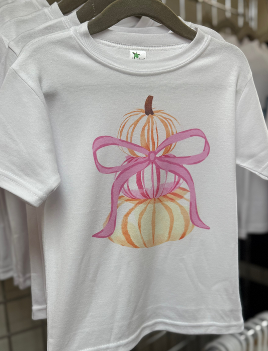 Preppy Watercolor Pumpkin Stack Pink Bow Fall Toddler Tee
