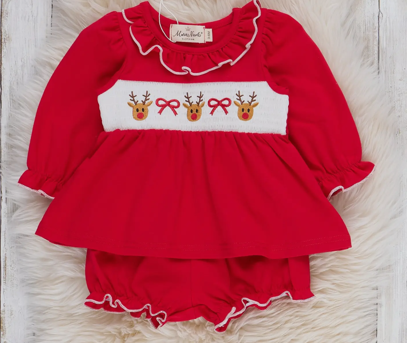 Reindeer Ribbons Smocked Bloomers Outfit
