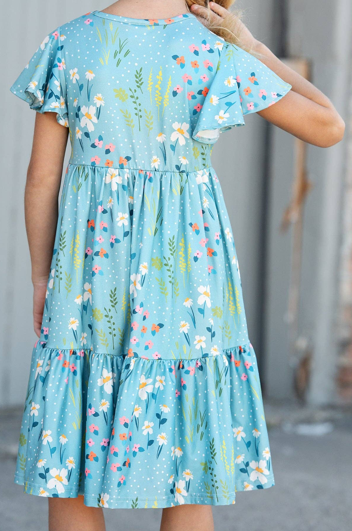 Girls Emma Teal Summer Willow Floral Flutter Sleeve Dress