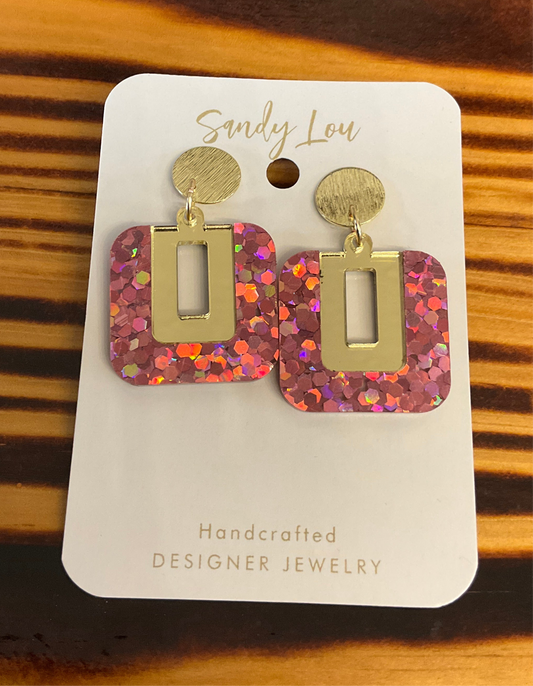 Be Square Pink Holographic Glitter & Gold Earrings