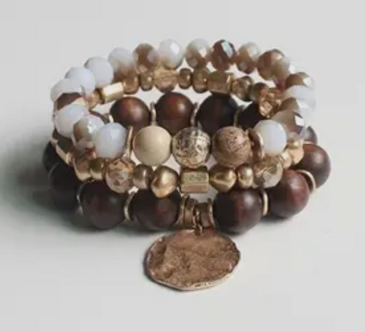 Set of 3; brown, gold, & natural stone stretch bracelet