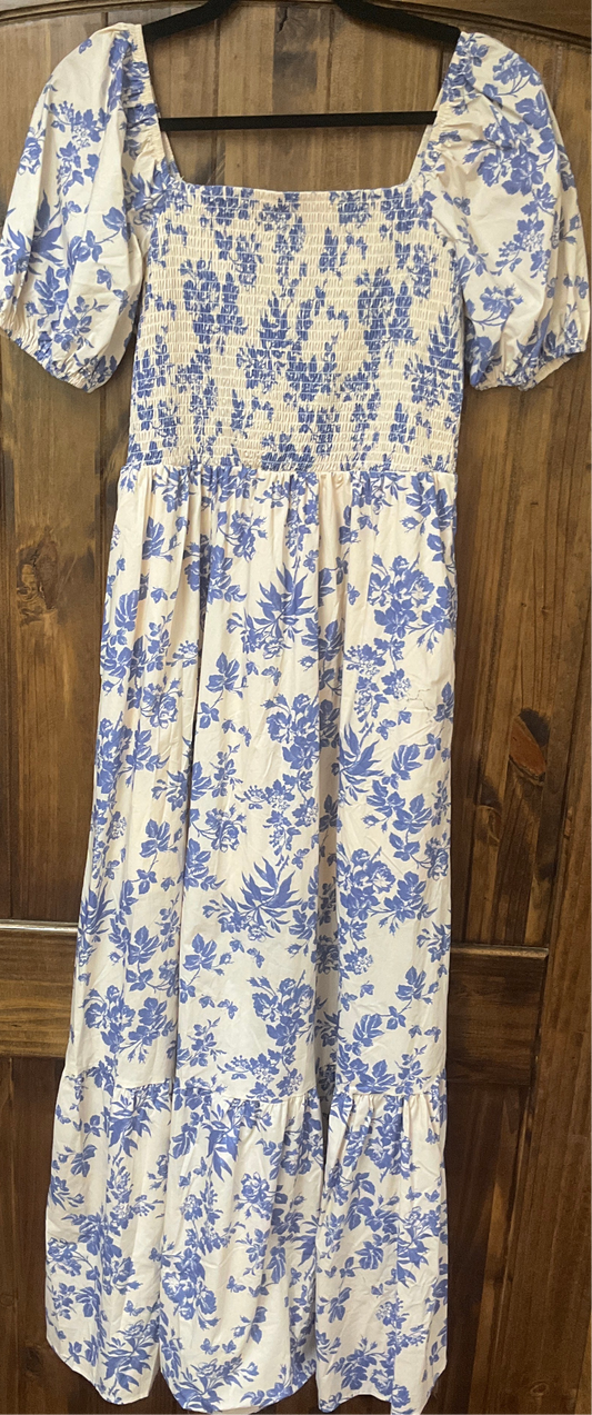 Blue Floral Print Short Puff Sleeve Dress