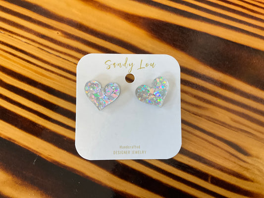 Iridescent flake glitter heart studs
