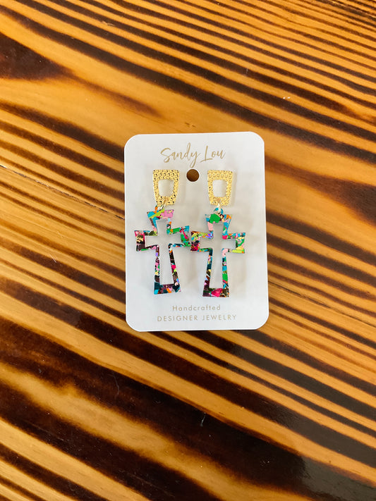 Crucifix chunky glitter earrings