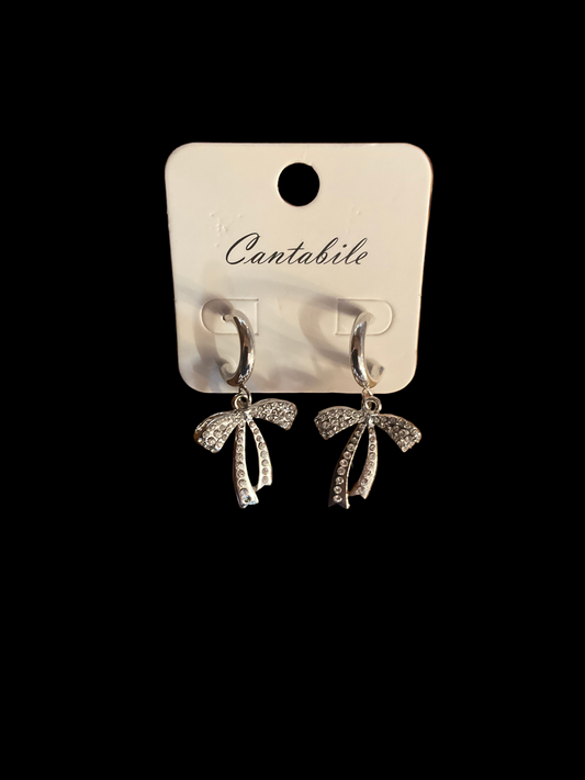 Stone Paved Metal Bow Dangle Mini Hoop Earrings