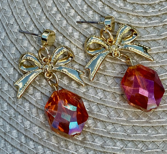 Gold Bow Holographic Drop Earrings